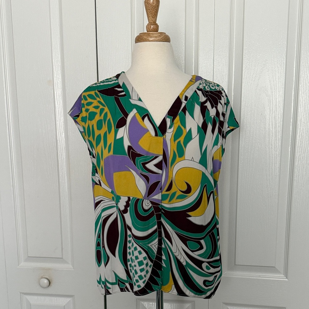 Rachel Roy Blouse Size Large Abstract Print Cap Sleeve V-Neck Colorful Top